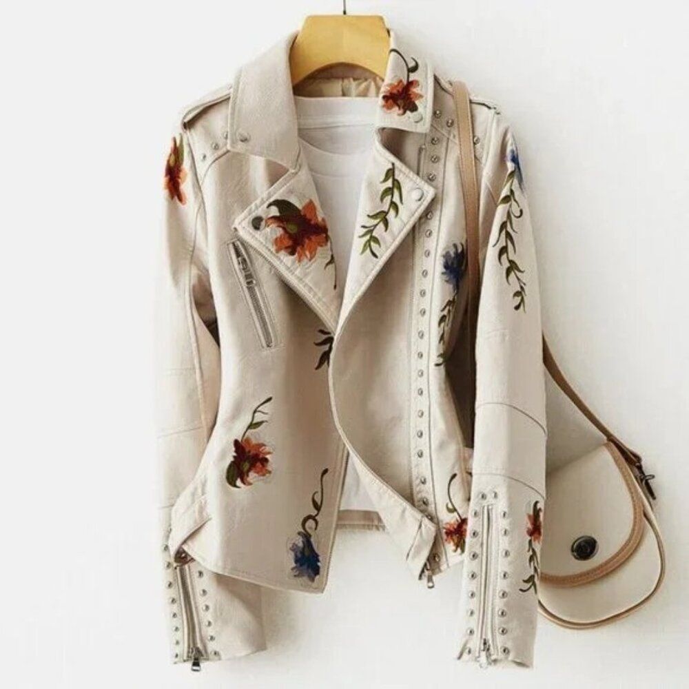 Sexy Off White Floral Embroidered Vegan Leather Moto Jacket NWOT